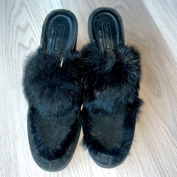 COACH "ITALY" Kaela Suede Rabbit Fur Mules Platform Wedges SZ 7B Slip On - Picture 1 of 11